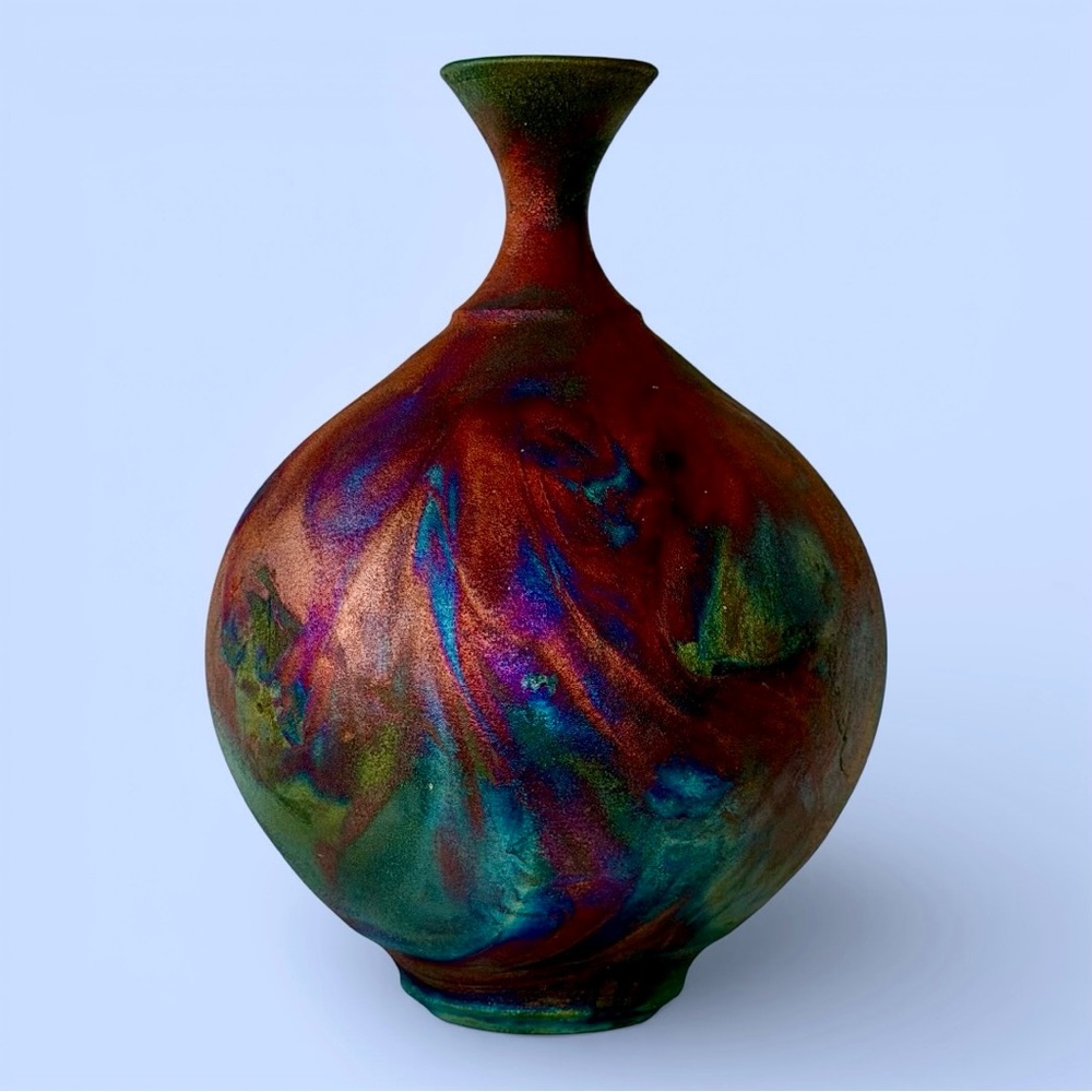 Raku Vase Stunning Iridescent Colors‎ 10-1/2” Tall Artist Signed & Numbered